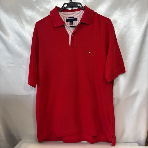 135♪USユーズド★TOMMY HILFIGER★トミーヒルヒガーポロシャツ 半袖ブランドメンズ刺繍ロゴ コットンレッドUS-XLサイズ(使用感2XLサイズ)
