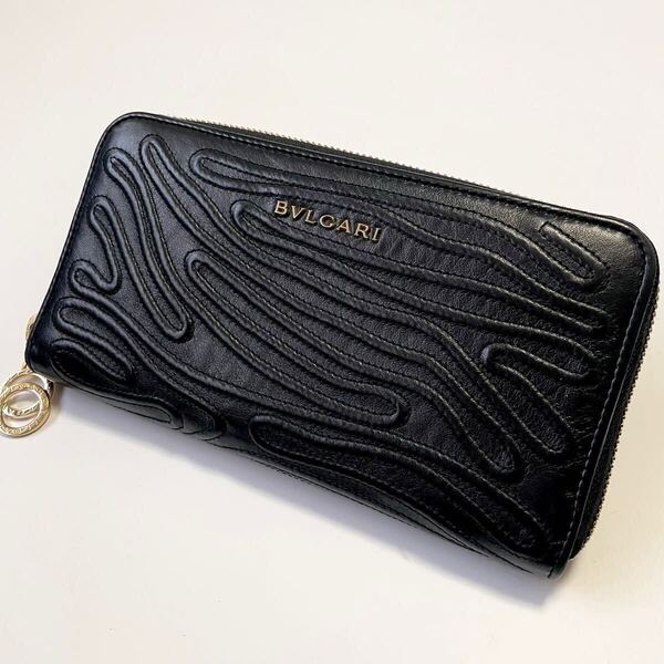 ★BVLGARI ブルガリ ドッピオトンド ラウンドファスナー ジップ 長財布 レザー ダブルリング 黒 中古美品 【鑑定済み 本物保証】