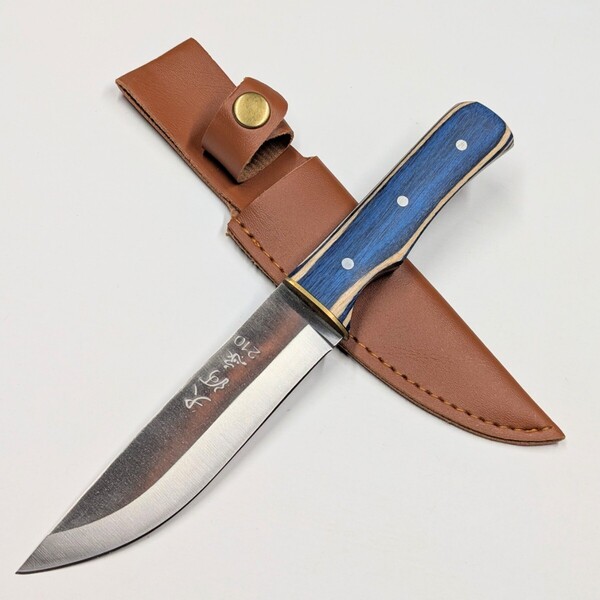 PUレザーシース付き フルタングナイフ 青色ウッドハンドル アウトドア キャンプ 釣り フィッシング 登山 シースナイフ ノーブランド