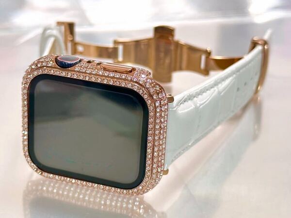 アップルウォッチバンド 高級レザー 本革ベルト Apple Watch クロコダイル キラキラ カバー ケース 40mm41mm44mm45mm46mm49mmローズ