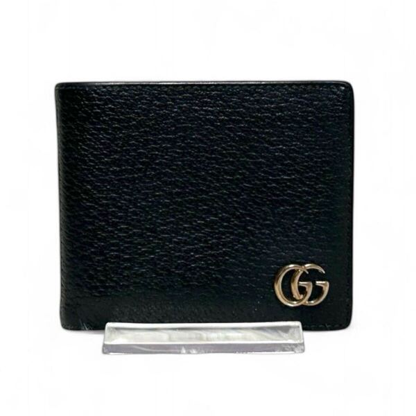 美品 GUCCI グッチ 二つ折り財布 ウォレット 札入れ 小銭入れ コインケース カードケース ゴールドGGマーモント 革 皮 レザー ブラック 黒