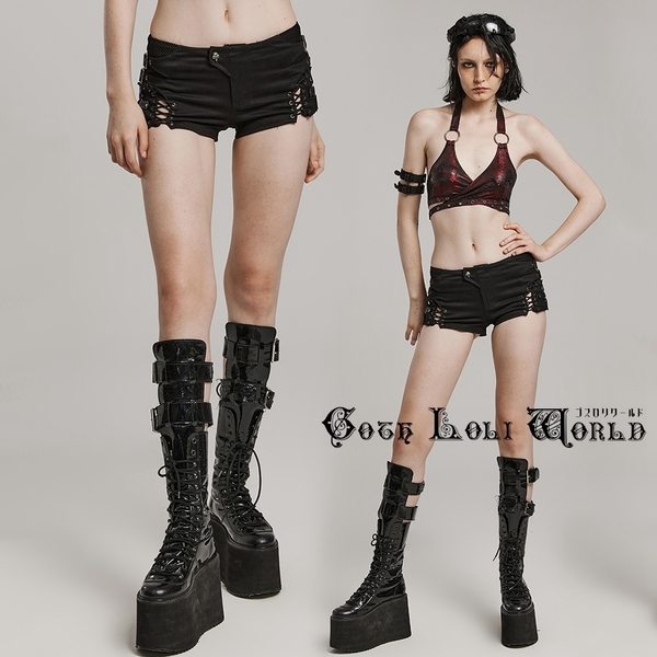 WK-616XDF-BK-L ダブルレースアップドロストローウエスト ショートパンツ ゴスロリワールド ゴシック パンク ロリィタ ビジュアル系 V系