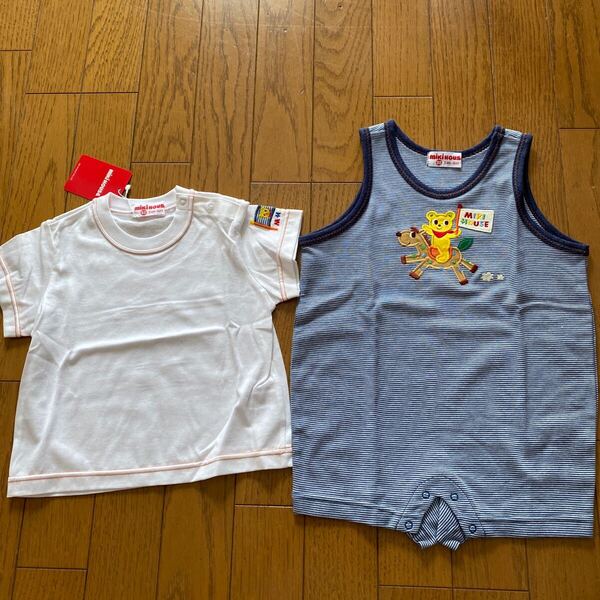 SALE 即決 未使用 ミキハウス ロンパース 80 Tシャツ付き ショートオール ベビー服 子供服 男の子 ロンパース カバーオール ベビー