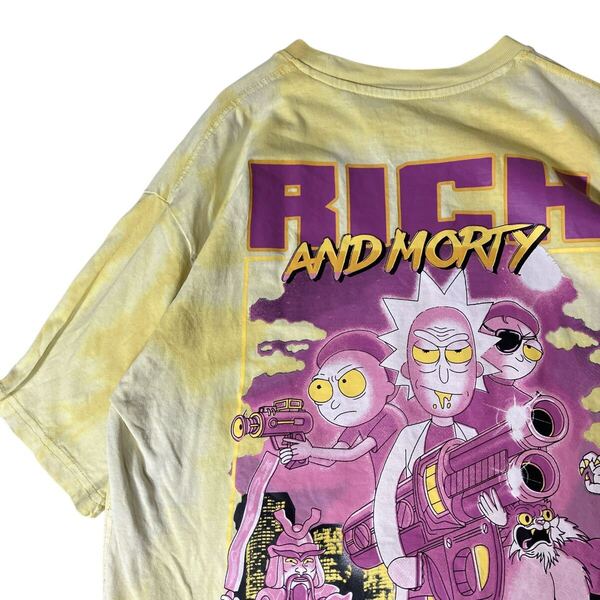 RICK&MORTY リックアンドモーティ アニメTシャツ ビッグプリント バックプリント イエロー タイダイ 古着 Tシャツ 半袖Tシャツ S
