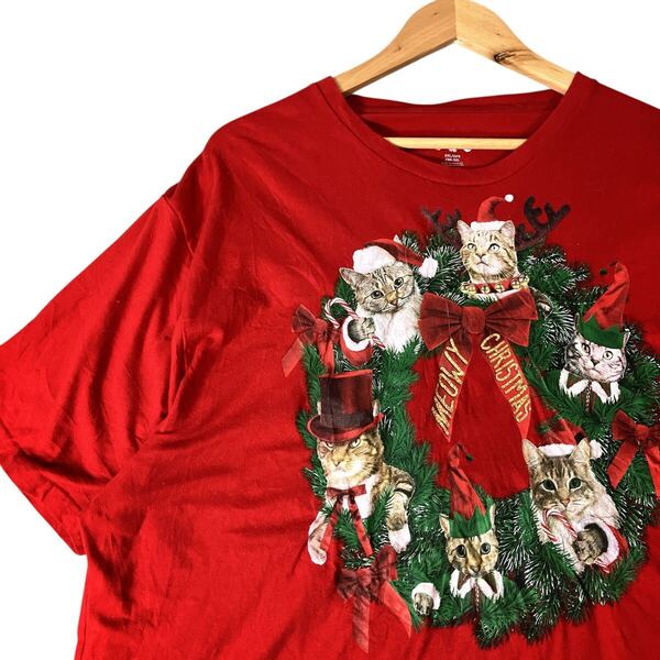 猫 ネコ アニマルプリントTシャツ クリスマス 赤レッド かわいい 2XL ビッグシルエット リース 古着