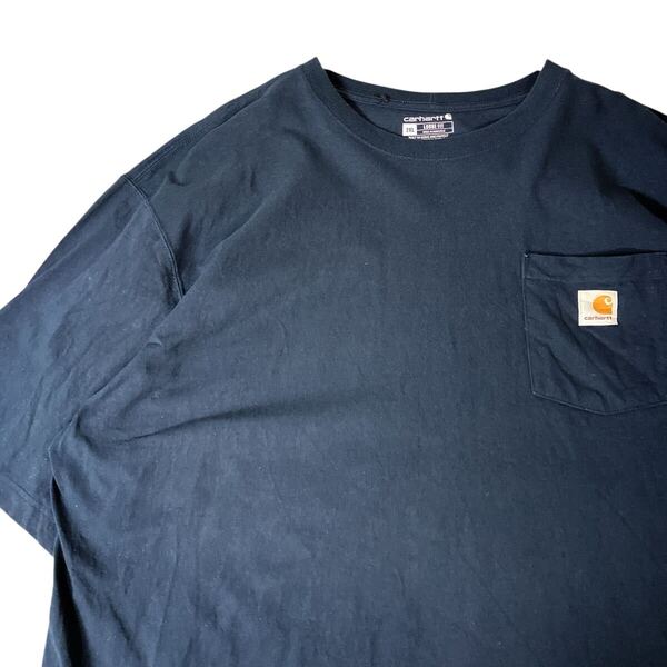 Carhartt カーハート ポケT ポケットロゴ 半袖Tシャツ Tシャツ 古着 ネイビー 紺 2XL ワンポイントロゴ
