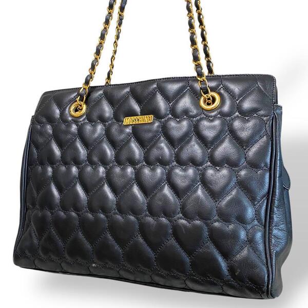 良品 MOSCHINO モスキーノ キルティング ショルダーバッグ チェーン 黒