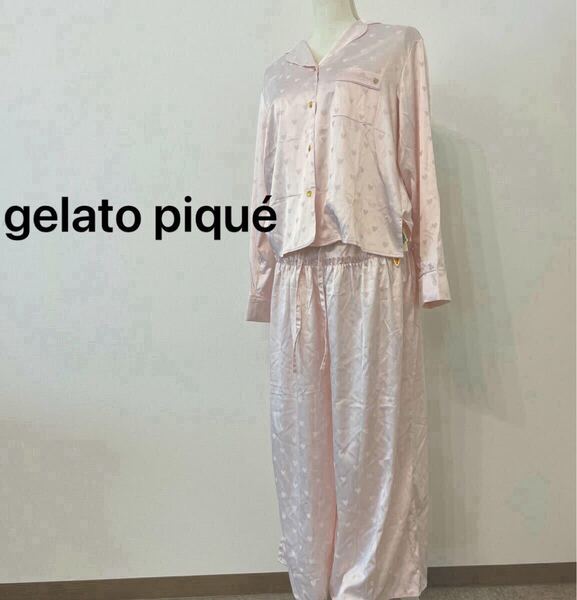 【353】gelato piqu ジェラートピケ サテン ルームウェア パジャマ 部屋着 ピンク セットアップ フリーサイズ ハート柄