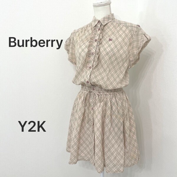 【320】Burberry バーバリー Y2K ワンピース ピンク ノバチェック フリル 半袖 シャツワンピース フェアリーグランジ fairy grunge