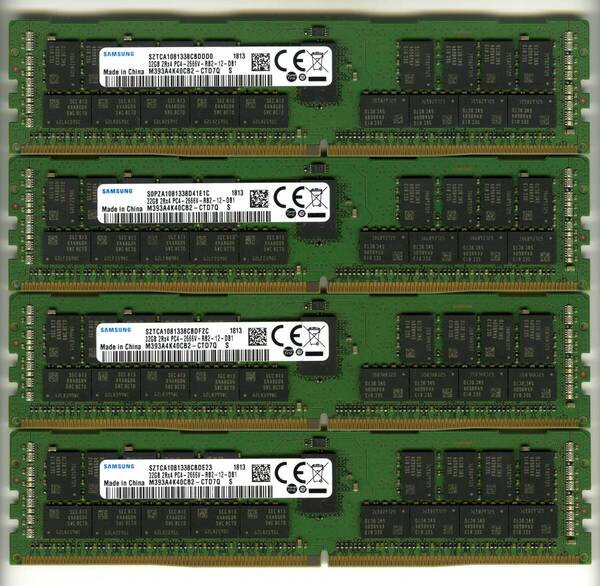 【RDIMM】DDR4-2666、ECC Registered、32GBの4枚セットで128GB、中古 Samsung reg pc4 サーバー メモリ Z4 G4で動作確認済み 1813