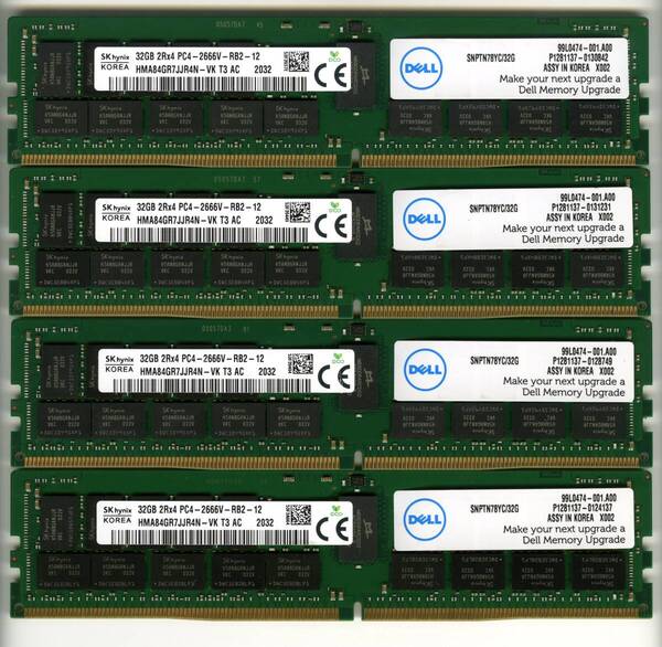 【RDIMM】DDR4-2666、ECC Registered、32GBの4枚セットで128GB、中古 SKhynix reg pc4 サーバー メモリ DELL純正 2032