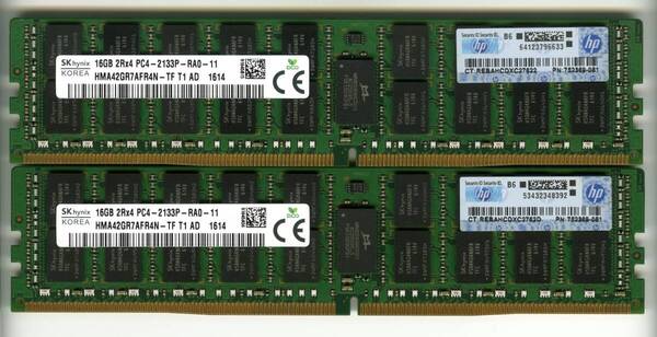 【RDIMM】DDR4-2133、ECC Registered、16GBの2枚セットで32GB、中古 SKhynix reg pc4 サーバー メモリ HP純正 1614