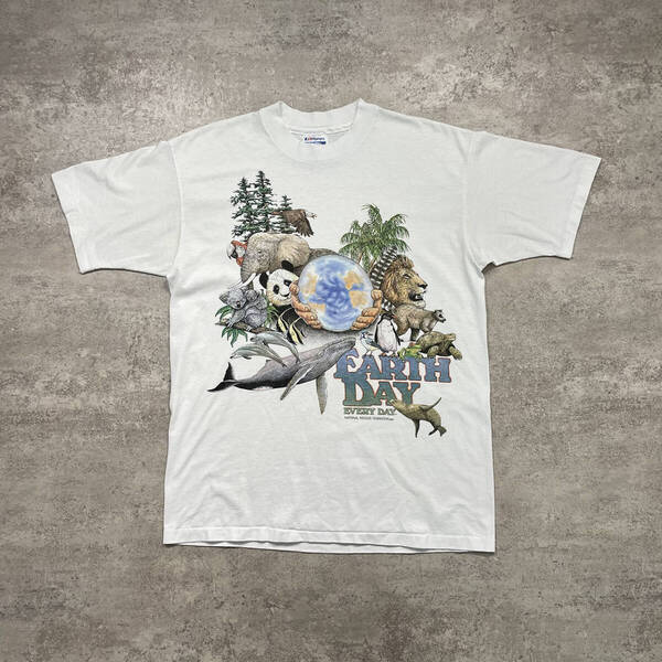 80s 90s USA製 EARTH DAY アースデイ Tシャツ Hanes 50/50 L 動物柄 1989年コピーライト ビンテージ