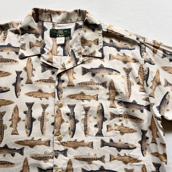 80s 90s ORVIS トラウト コットン ループカラー 半袖 ボックス シャツ L USA製 ビンテージ 80年代 90年代 オービス 魚 開襟 ヴィンテージ