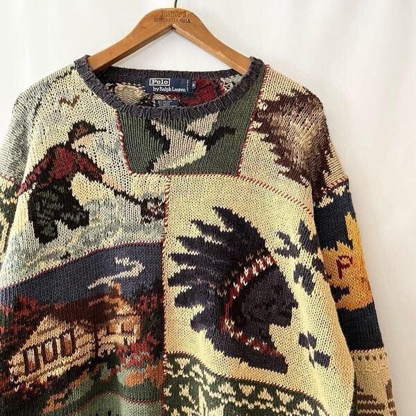 90s Polo by Ralph Lauren RL'95 コットン リネン パッチワーク セーター XL ビンテージ 90年代 ポロ ラルフローレン ニット オリジナル