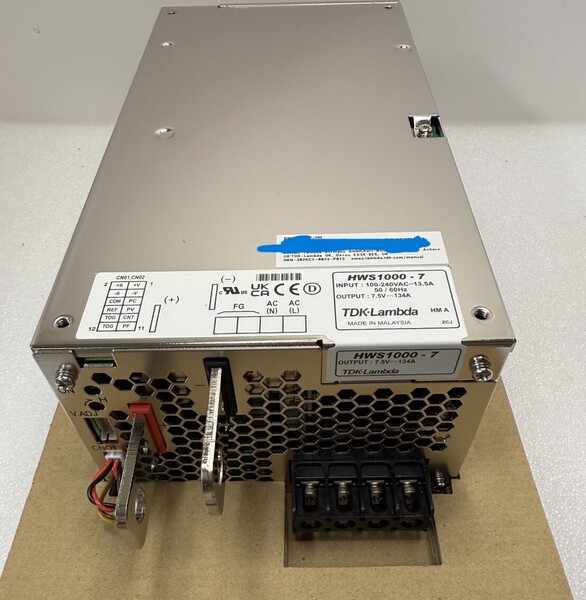 スイッチング電源 HWSシリーズ HWS1000-7 定格出力電圧(V)DC7.5 定格出力電力(W)1000 形状カバー付き 出力電流(A)(最大)134
