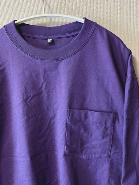 美品★ ユニクロ UNIQLO ウォッシュコットン クルーネックTシャツ 長袖 胸ポケット パープル M リラックスシルエット 男女兼用 ★送料無料