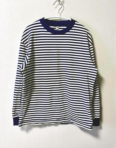 状態良好★ ユニクロ UNIQLO ウォッシュコットンボーダークルーネックTシャツ 長袖カットソー 男女兼用 Mサイズ オフホワイト ★送料無料