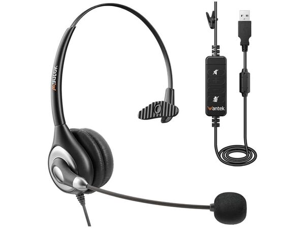 WantekヘッドセットUSB 片耳 ノイズキャンセリングマイク付きとオンライン制御有線PC用ヘッドホン Web会議、Skype、オフィス、在宅勤務