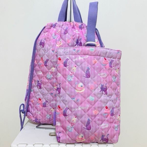 新品 定価3,058円 Coboca+キルトシューズバッグ / 上履き入れ 入園 入学 キッズ 抗菌・防臭加工 ネコ