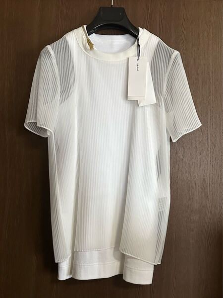 新品48%of sacai シフォン プリーツ Tシャツ ノースリーブ タンクトップ カットソー 20SS size 2 M 半袖 ゴールドジップ サカイ レディース