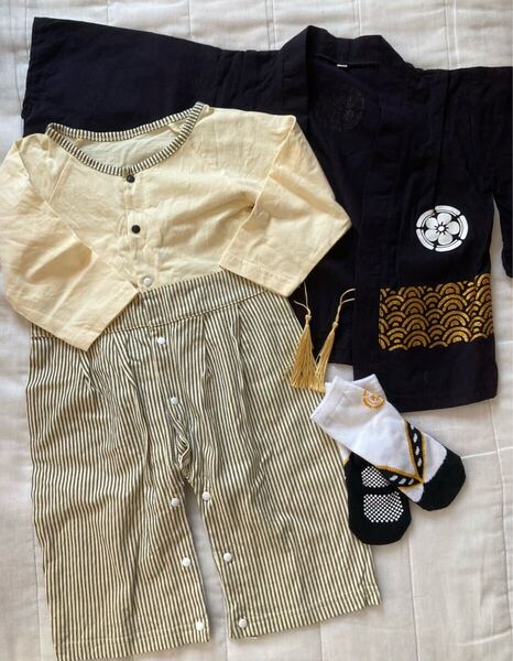 【美品】キッズ 袴ロンパース 上下セット 男の子 着物 サイズ90 ベビー服 コスプレ 撮影 こどもの日 草履柄靴下おまけ♪