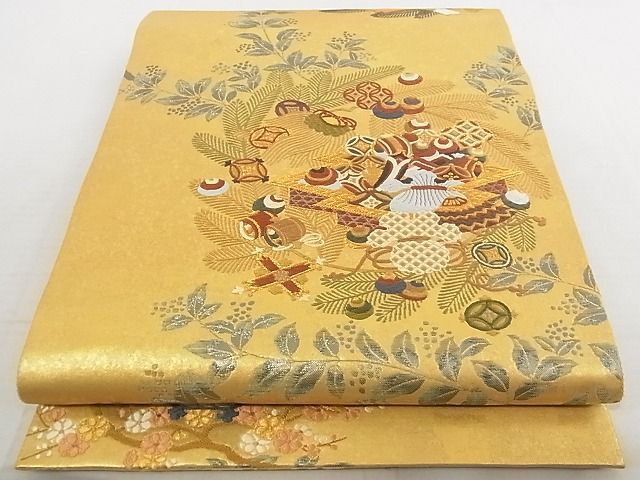 袋帯 美品 名品 華文 宝尽くし 金糸 箔 小豆色 全通 正絹 【中古