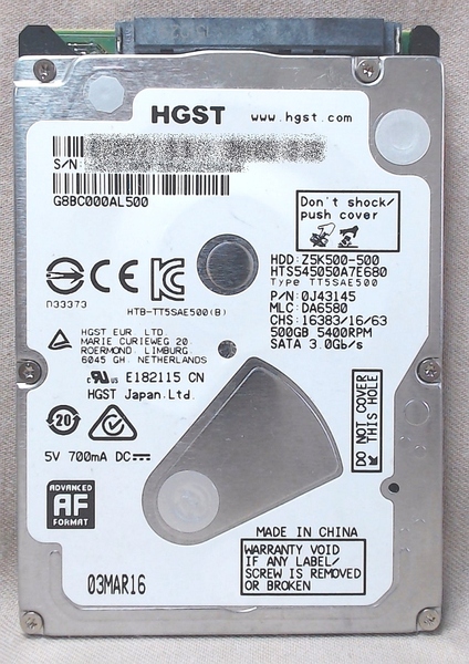 HGST 500GB SATA 2.5インチ HDD 使用9731時間 ≪送料無料≫ ハードディスク