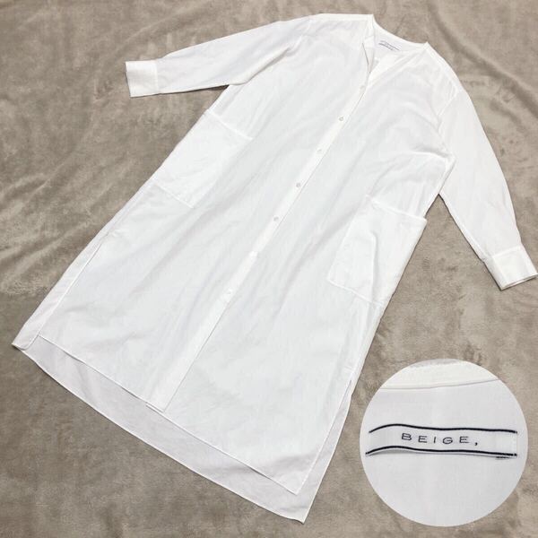 美品★BEIGE ベイジ ロングシャツワンピース バンドカラー マキシ丈 スキッパー 白 サイズ4 日本製 綿100% オンワード樫山