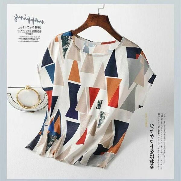 M48 レディース Tシャツ ツルツルシルク触感 半袖 カラフル 幾何学
