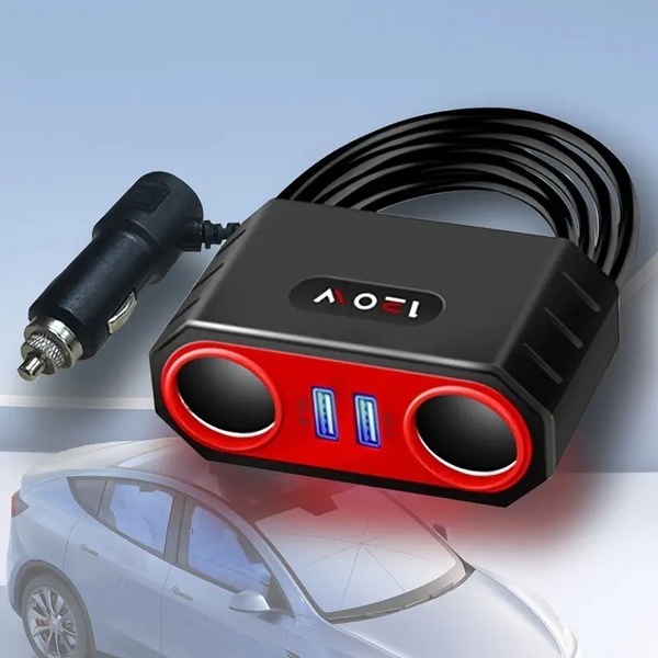 シガーソケット 2連 USB 2ポート付き 車載充電器 車 充電器 車載 充電器 車 充電アダプター 延長ソケット 延長コード シガー ソケット 赤