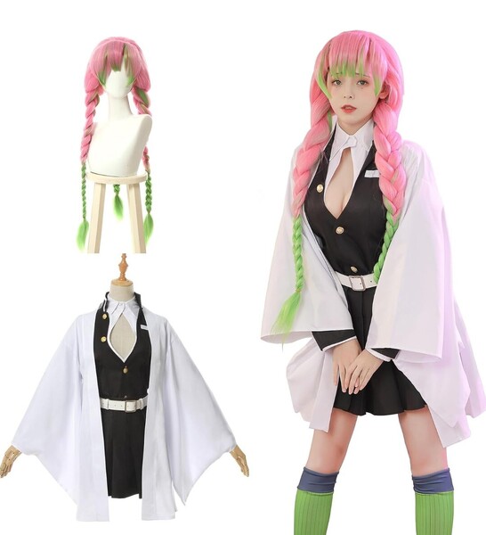 神併良品 甘露寺蜜璃 コスプレ ウィッグ付き 恋柱 コスプレ衣装 大人用 仮装 文化祭 イベント 鬼殺隊 コスチューム ステージ服 (Lサイズ)