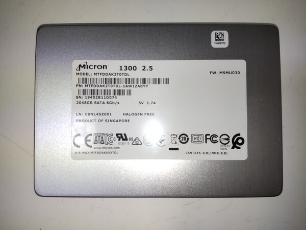 2.5インチ 7mm 2TB SATA/600 SSD Micron 1300シリーズ MTFDDAK2T0TDL 772回 4175時間 TLC 正常 68%