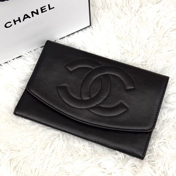 ☆極美品☆CHANEL シャネル 二つ折り ラムスキン 財布 ブラック 黒 ゴールド金具 レザー