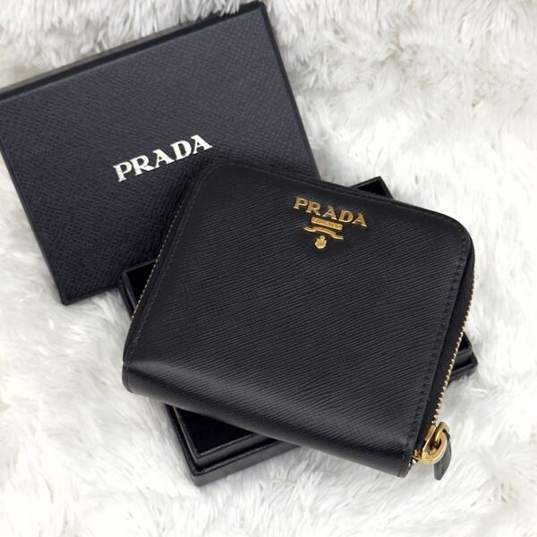 ☆美品☆PRADA プラダ サフィアーノ 二つ折り 財布 ゴールド金具 レザー ラウンドファスナー ジップアラウンド