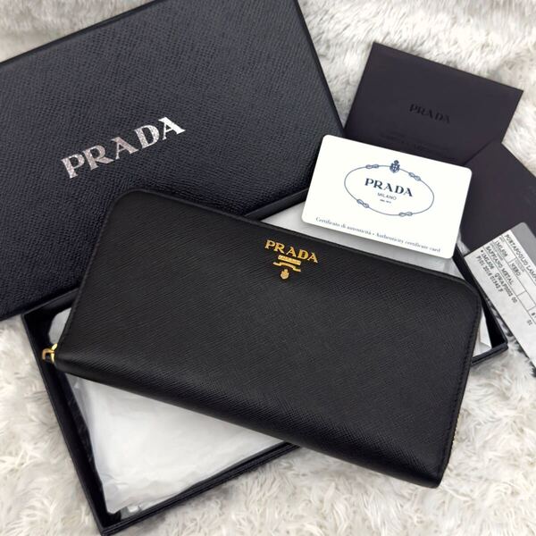 ☆美品☆PRADA プラダ ラウンドファスナー サフィアーノ 財布 レザー 黒 ジップアラウンド ゴールド金具