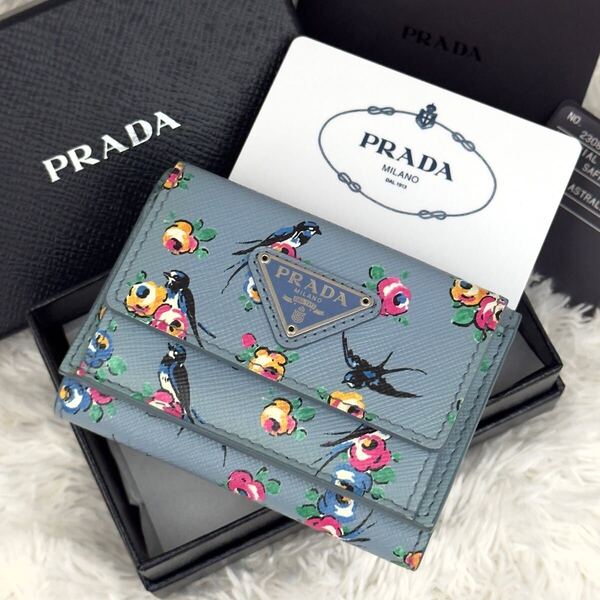 ☆美品☆RFID内蔵 PRADA プラダ サフィアーノ 財布 トライアングル 三角ロゴ 三角プレート フラワープリント ICチップ