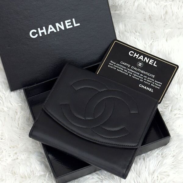 ☆美品☆CHANEL シャネル ラムスキン 二つ折り 財布 ココマーク ギャラ付き レザー Wホック ブラック
