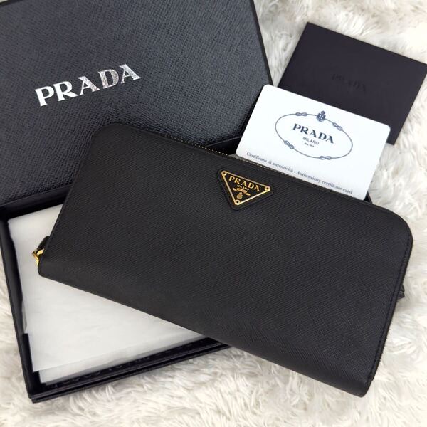 ☆美品☆PRADAプラダ サフィアーノ レザー 財布 トライアングルロゴ 三角ロゴ ジップアラウンド トライアングルプレート
