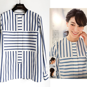 CYCLAS シクラス*定番ストライプシャツ コットンシルクアイコニックブラウス 36 M ネイビー 滝沢眞規子さん 鈴木六夏さん着 美品