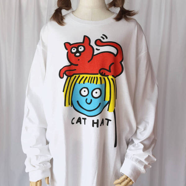 タグ付き未使用品 Lサイズ Keith Haring キースヘリング 長袖 Tシャツ 白(ホワイト)系 古着 ロンT キャットハット 猫帽子