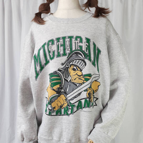 used 90s USA製 Mサイズ JERZEES ジャージーズ ミシガン大学 スパルタンズ スウェットシャツ 霜降りグレー 杢グレー系 カレッジ系 古着