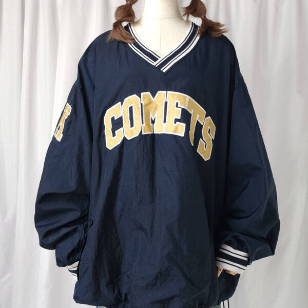 used XLサイズ champion チャンピオン ナイロン プルオーバー ジャケット Vネック VOMETS 紺(ネイビー)系 刺繍 ロゴ 古着