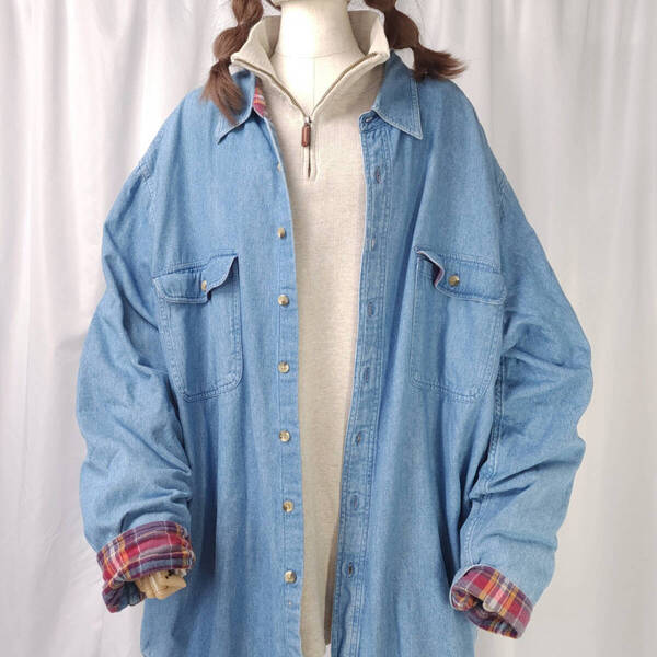 90s used 3XLサイズ SCANDIA WOODS デニムシャツ ウォッシュブルー系 裏フランネル メンズ 大きいサイズ 古着