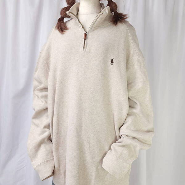 used XLサイズ Polo by Ralph Lauren ポロバイラルフローレン ハーフジップ スウェットシャツ ベージュ系 ワンポイント刺繍 ポニー 古着