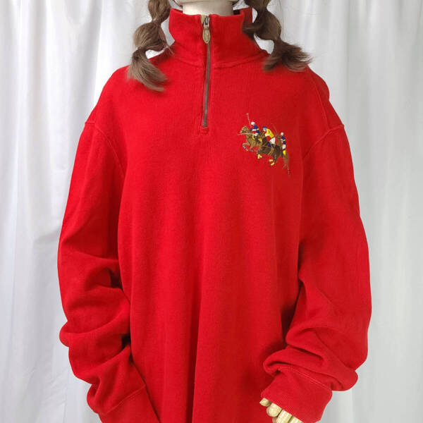 90s used Lサイズ polo by Ralph Lauren ポロバイラルフローレン ハーフジップ 刺繍 スウェットシャツ 赤(レッド)系 トリプルポニー 古着