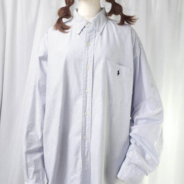 used Mサイズ Ralph Lauren ラルフローレン 長袖 ボタンダウン シャツ ストライプ柄 青(ブルー)系 古着 BIG SHIRT ワンポイント刺繍 ポニー