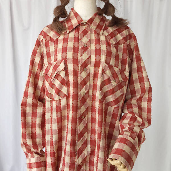 70s vintage used Lサイズ相当 Tem Tex チェック柄 長袖 ウエスタンシャツ ベージュ×レッド系 古着 レトロ スナップボタン ビンテージ