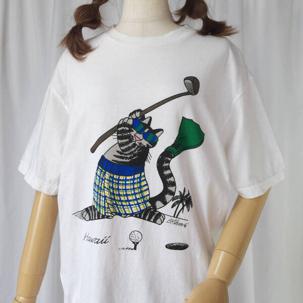 美品 usa製 used Mサイズ クリバンキャット バーナード クリバン ゴルフ プリントTシャツ 半袖 白(ホワイト)系 猫 ハワイ 古着