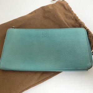 送料無料■HIROFU ヒロフ L字ファスナー 大型長財布 カード入れ 本革 ロゴ刻印 12cmx23cm エメラルドグリーン 保存袋付